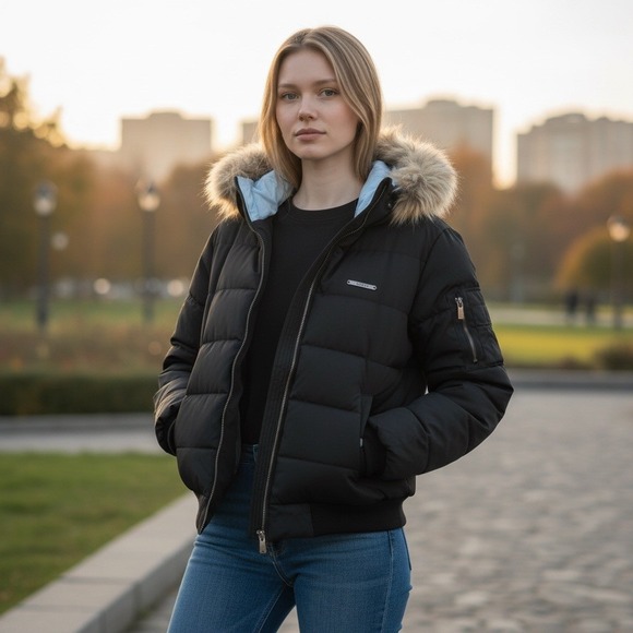 Vintage Azzure Blue Puffer Jacket Hooded Zip Up Bomber Style Reversible Size M - Picture 3 of 14